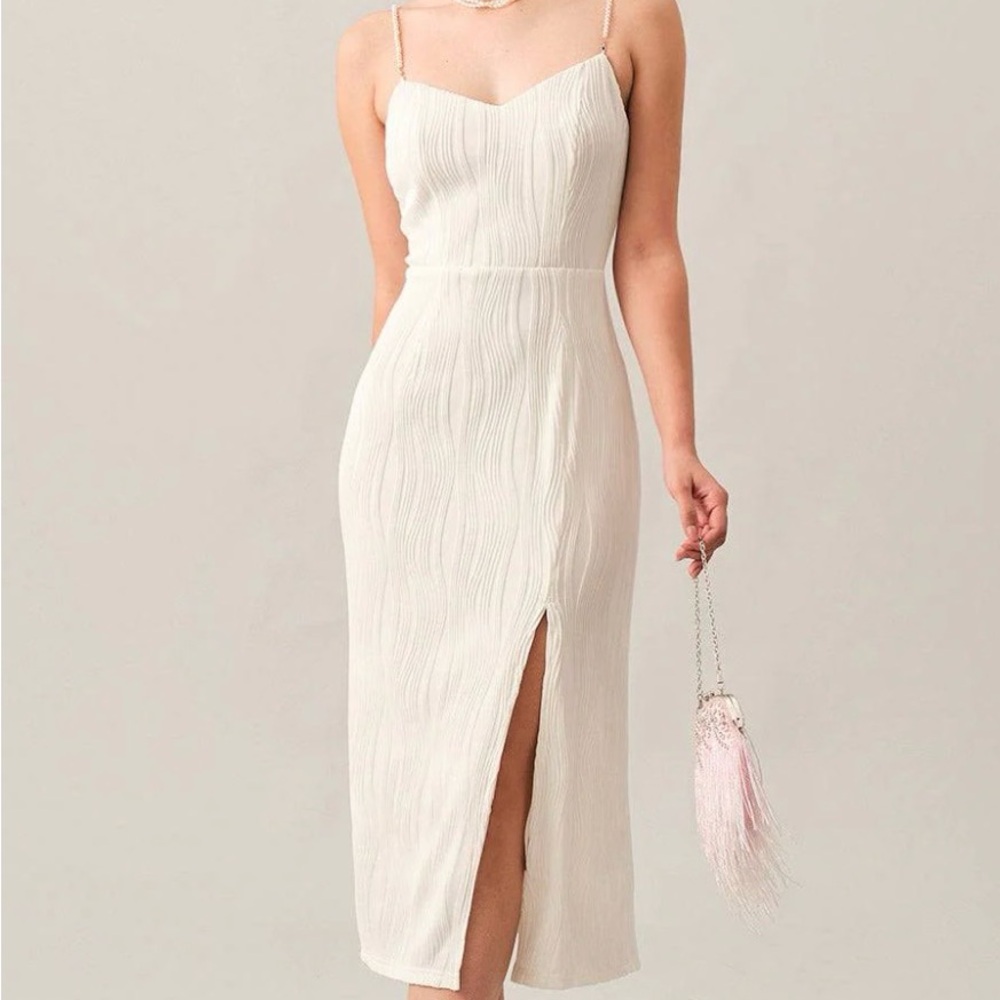 RIHOAS Cream Textured Pearl Strap Midi Dress with Front Slit